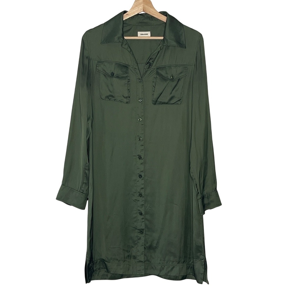 ZADIG & VOLTAIRE OLIVE GREEN ROCK SATIN SHIRT DRESS SIZE S